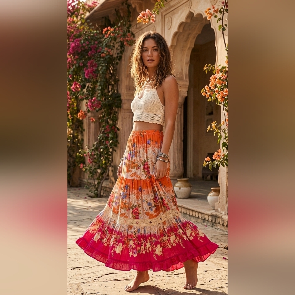 Vintage Y2K 90s Boho Maxi Skirt Tiered Ruffle Floral Macrame Gauzy Rayon India M